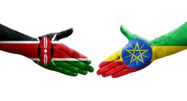Etiyopya ve Kenya bayrakları arasındaki tokalaşma elleri boyalı, izole şeffaf görüntü.