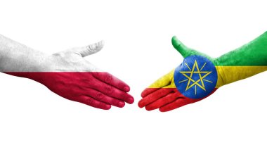 Etiyopya ile Polonya arasındaki el sıkışma ellerinde bayraklar, izole edilmiş şeffaf görüntü.