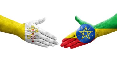 Etiyopya ve Kutsal Bakış arasındaki el sıkışma ellerinde bayraklar, izole şeffaf görüntü.