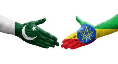 Etiyopya ve Pakistan bayrakları arasındaki el sıkışma ellerinde resmedilmiş şeffaf görüntü.