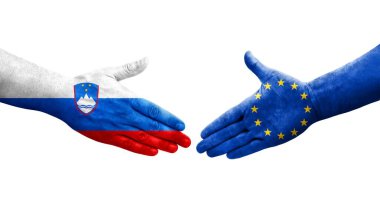 Avrupa Birliği ve Slovenya bayrakları arasındaki el sıkışma, izole şeffaf görüntü.