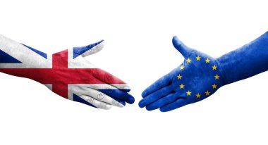 Avrupa Birliği ve Büyük Britanya bayrakları arasındaki el sıkışma, izole şeffaf görüntü.