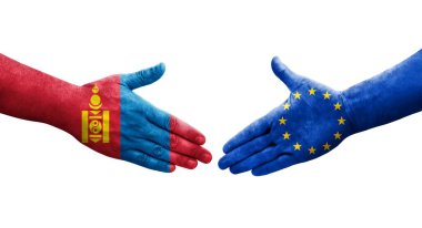 Avrupa Birliği ve Moğolistan bayrakları arasındaki el sıkışma, izole şeffaf görüntü.