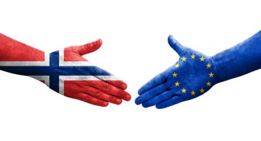 Avrupa Birliği ile Norveç bayrakları arasındaki el sıkışma, izole şeffaf görüntü.