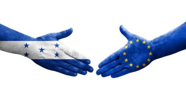 Avrupa Birliği ve Honduras bayrakları arasındaki el sıkışma, izole şeffaf görüntü.