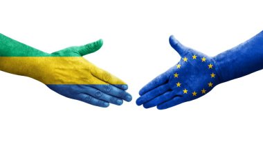 Avrupa Birliği ile Gabon bayrakları arasındaki el sıkışma, izole şeffaf görüntü.