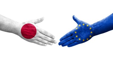 Avrupa Birliği ve Japonya bayrakları arasındaki el sıkışma, izole şeffaf görüntü.