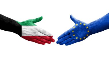 Avrupa Birliği ile Kuveyt bayrakları arasındaki el sıkışma, izole şeffaf görüntü.