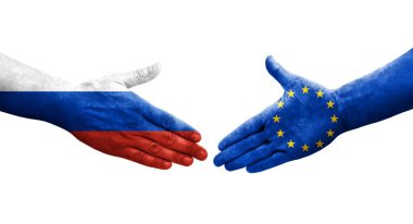 Avrupa Birliği ve Rusya bayrakları arasındaki el sıkışma, izole şeffaf görüntü.