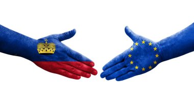Avrupa Birliği ve Lihtenştayn bayrakları arasındaki el sıkışma, izole şeffaf görüntü.