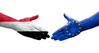 Avrupa Birliği ile Yemen bayrakları arasındaki el sıkışma, izole şeffaf görüntü.