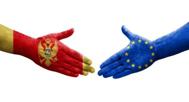 Avrupa Birliği ve Karadağ bayrakları arasındaki el sıkışma, izole şeffaf görüntü.