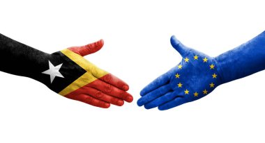 Avrupa Birliği ile Timor Leste bayrakları arasındaki el sıkışma, izole şeffaf görüntü.