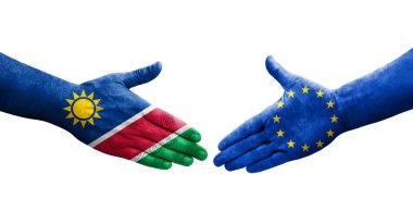 Avrupa Birliği ve Namibya bayrakları arasındaki el sıkışma, izole şeffaf görüntü.
