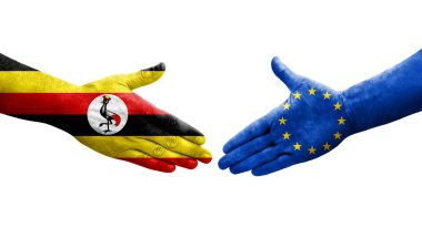 Avrupa Birliği ile Uganda bayrakları arasındaki el sıkışma, izole şeffaf görüntü.
