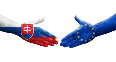 Avrupa Birliği ile Slovakya bayrakları arasındaki el sıkışma, izole şeffaf görüntü.