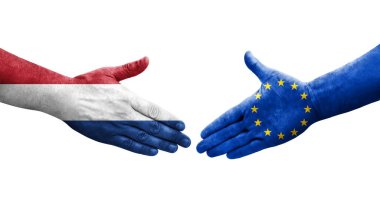 Avrupa Birliği ve Hollanda bayrakları arasındaki el sıkışma, izole şeffaf görüntü.