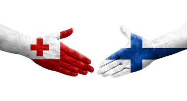 Finlandiya ile Tonga bayrakları arasındaki el sıkışma, izole edilmiş şeffaf görüntü.