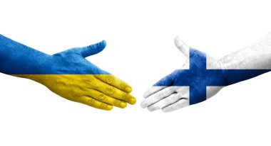 Finlandiya ile Ukrayna bayrakları arasındaki el sıkışma, izole edilmiş şeffaf görüntü.
