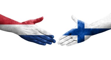 Finlandiya ve Hollanda bayrakları arasındaki el sıkışma el yazısı, izole edilmiş şeffaf görüntü.