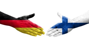 Finlandiya ile Almanya arasındaki el sıkışma, elde boyanmış bayraklar, izole edilmiş şeffaf görüntü.