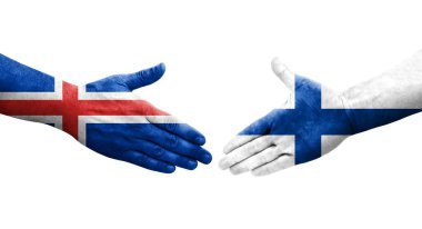 Finlandiya ile İzlanda bayrakları arasındaki el sıkışma, izole edilmiş şeffaf görüntü.