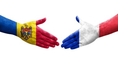 Fransa ile Moldova bayrakları arasındaki el sıkışma, izole edilmiş şeffaf görüntü.