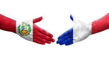 Fransa ve Peru bayrakları arasındaki el sıkışma, izole şeffaf görüntü.