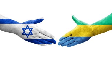 Gabon ve İsrail bayrakları arasındaki el sıkışma ellere boyanmış, izole şeffaf görüntü.