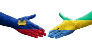 Gabon ve Lihtenştayn bayrakları arasındaki el sıkışma ellerinde izole şeffaf görüntü.