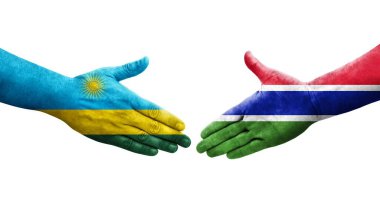 Gambiya ve Ruanda bayrakları arasında el sıkışma, izole saydam görüntü.