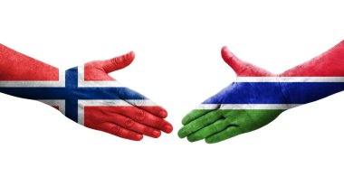 Gambiya ve Norveç bayrakları arasında el sıkışma, izole edilmiş şeffaf görüntü.