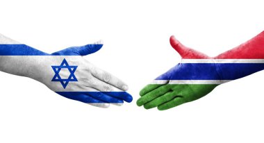 Gambiya ve İsrail bayrakları arasındaki el sıkışma, izole şeffaf görüntü.