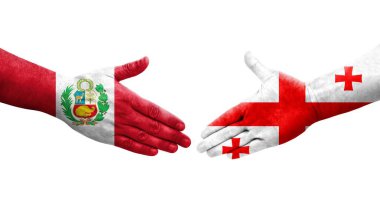 Ellerinde Gürcistan ve Peru bayrakları arasında el sıkışma, izole saydam görüntü.