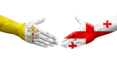 Gürcistan ve Kutsal Bakış arasındaki el sıkışma ellerinde bayraklar, izole şeffaf görüntü.