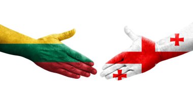 Gürcistan ve Litvanya bayrakları arasındaki el sıkışma, izole şeffaf görüntü.