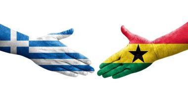 Gana ile Yunanistan arasındaki el sıkışma ellerinde bayraklar, izole edilmiş şeffaf görüntü.