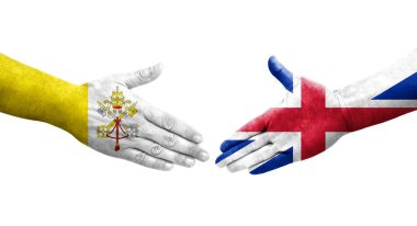 Büyük Britanya ve Kutsal Bayraklar arasındaki el sıkışma ellerinde resmedilmiş şeffaf görüntü.