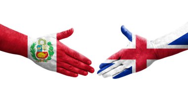Büyük Britanya ve Peru bayrakları arasındaki el sıkışma, izole edilmiş şeffaf görüntü.