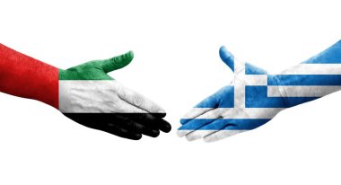Yunanistan ile BAE bayrakları arasındaki el sıkışma, izole edilmiş şeffaf görüntü.