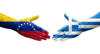 Yunanistan ile Venezuela bayrakları arasındaki el sıkışma, izole şeffaf görüntü.