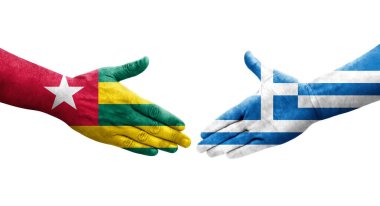 Yunanistan ile Togo bayrakları arasındaki el sıkışma, izole şeffaf görüntü.