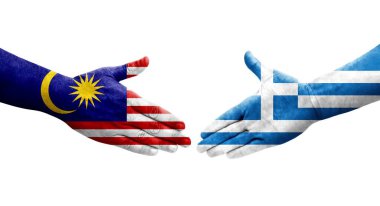 Yunanistan ile Malezya bayrakları arasındaki el sıkışma, izole şeffaf görüntü.