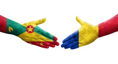 Grenada ve Romanya bayrakları arasındaki el sıkışma, izole edilmiş şeffaf görüntü.