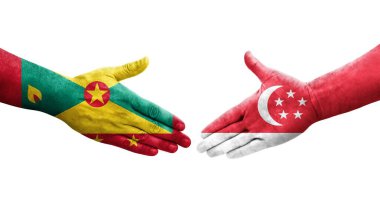 Grenada ve Singapur bayrakları arasındaki el sıkışma ellere boyanmış, izole şeffaf görüntü.