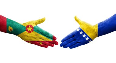 Grenada ile Bosna bayrakları arasındaki el sıkışma, izole edilmiş şeffaf görüntü.