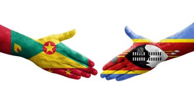 Grenada ve Eswatini bayrakları arasındaki el sıkışma ellerinde izole şeffaf görüntü.