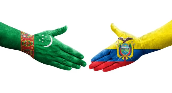 Stock image Handshake between Ecuador and Turkmenistan flags painted on hands, isolated transparent image.