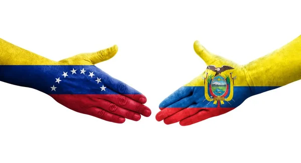 厄瓜多尔和委内瑞拉之间握手 手绘国旗 孤立透明的形象 — 图库照片