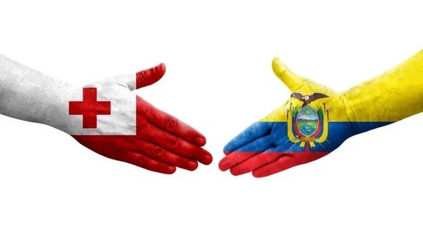 Handslag Mellan Ecuador Och Tonga Flaggor Målade Händer Isolerad Transparent — Stockfoto